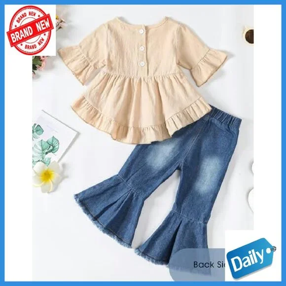 Toddler Girls Denim Outfit 2-Piece Set Long Sleeve Top Flare Jeans